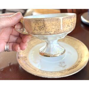 Vintage Iridescent Lusterware Teacup & Saucer Gold Floral Pedestal Footed Cup